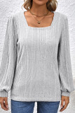 Plain Square Neck Puff Rib Long Sleeves Top