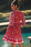 Red Hot Boho Floral Tie Wrap V Neck Ruffle Dress