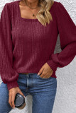 Plain Square Neck Puff Rib Long Sleeves Top
