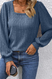 Plain Square Neck Puff Rib Long Sleeves Top