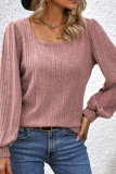 Plain Square Neck Puff Rib Long Sleeves Top