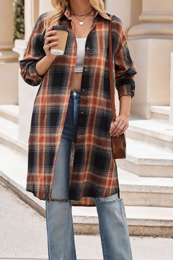 Plaid Button Up Long Length Blouse Shirt