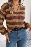 Cut V Neck Striped Pullover Sweater