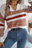 V Neck Color Block Stripe Knit Sweater