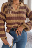 Cut V Neck Striped Pullover Sweater