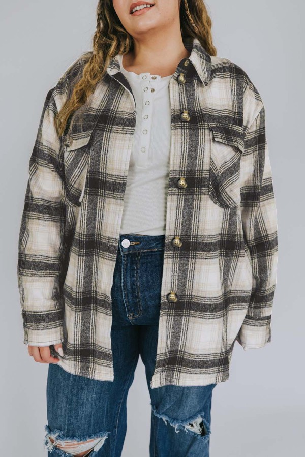 Black Plus Size Brushed Plaid Flap Pocket Shacket