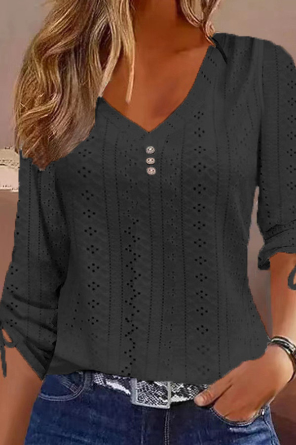Eyelet V Neck Lace Up Sleeves Top