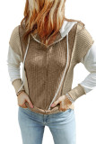 Khaki Long Sleeve Textured Knit Patchwork Hoodie
