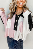 Multicolor Colorblock Flap Pockets Henley Collared Top