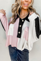 Multicolor Colorblock Flap Pockets Henley Collared Top