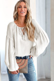 White Lantern Sleeve Stripe Tassel Drawstring Blouse