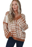 Brown Mixed Pattern V-Neck Oversized Sweater
