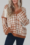 Brown Mixed Pattern V-Neck Oversized Sweater