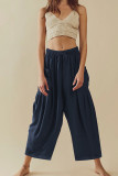 Plain Elastic Waist Pocket Loose Pants