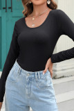 Plain U Neck Rib Long Sleeves Top