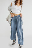 Plain Elastic Waist Pocket Loose Pants