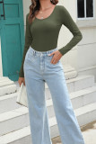 Plain U Neck Rib Long Sleeves Top