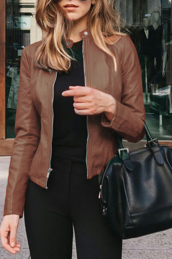 PU Leather Zipper Short Jacket