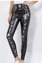 HIgh Waist Snake Skin Print PU Leather Legging
