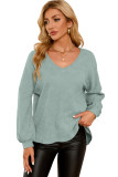 Green Waffle Knit V Neck Long Sleeve Loose Tunic Top