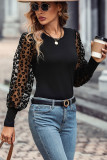 Black Leopard Mesh Puff Sleeve Patchwork Slim Fit Top