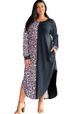 Multicolor Plus Size Leopard Colorblock Long Sleeve T-Shirt Dress
