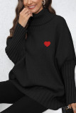 High Collar Heart Embroidery Pullover Sweater
