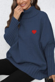 High Collar Heart Embroidery Pullover Sweater