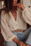 White Plus Size Lace Hollow Out V-Neck Button Up Shirt