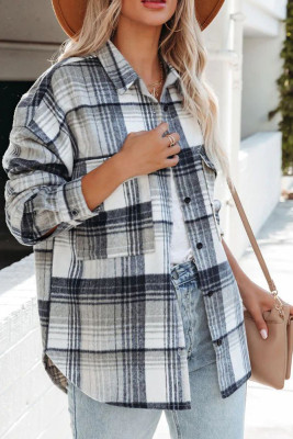 White Plaid Button Up Blouse Shacket