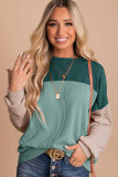 Green Color Block Long Sleeve Ribbed Loose Top