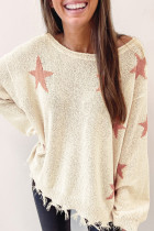 Beige Starry Long Sleeve Raw Hem Sweater