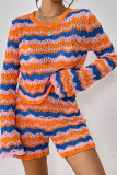 Hollow Out Stripe Knit Scallop Hem 2pcs Short Set