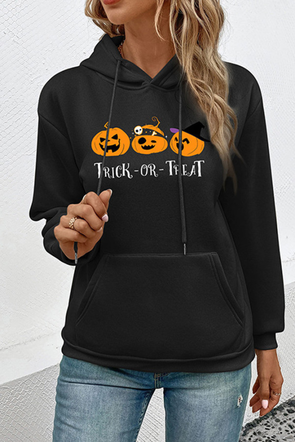 Black Pumpkin Print Drawstring Hoodies