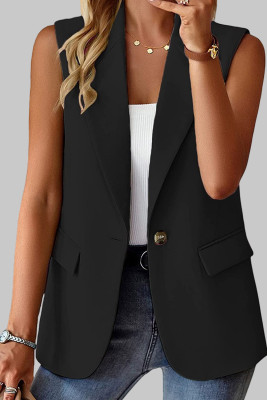 Black Single Button Pocketed Lapel Vest Blazer