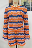 Hollow Out Stripe Knit Scallop Hem 2pcs Short Set