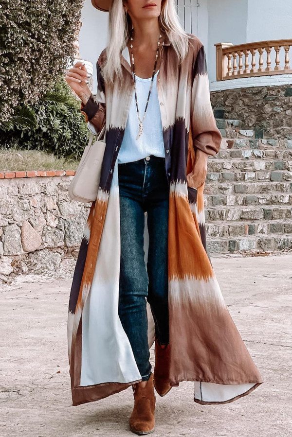 Multicolor Tie Dye Colorblock Button Down Maxi Kimono