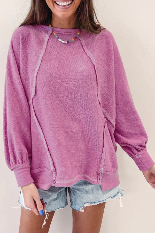 Pink Exposed Seam Round Neck Terry Pullover