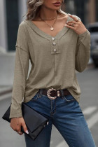 Khaki Long Sleeve V-Neck Stitching Henley Top