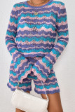 Hollow Out Stripe Knit Scallop Hem 2pcs Short Set