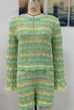 Hollow Out Stripe Knit Scallop Hem 2pcs Short Set