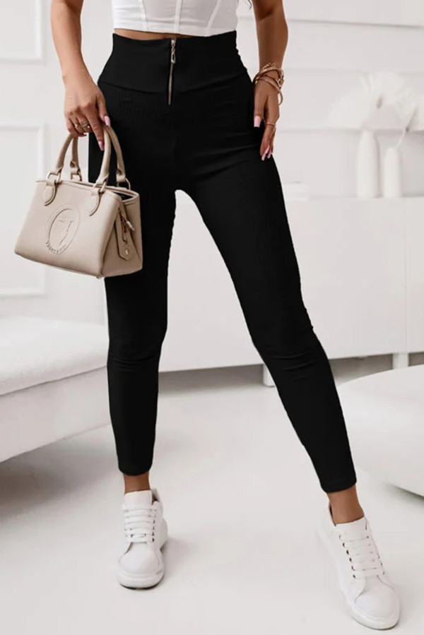 Black Zipper Ribbed Wide Waistband High Rise Leggings
