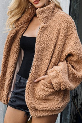 Plain Open Zipper Pockets Fluffy Coat