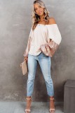 Apricot Sequin Patchwork Sleeve Open Back Waffle Knit Top