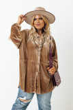 Khaki Casual Button Down Plus Size Velvet Shirt