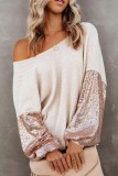 Apricot Sequin Patchwork Sleeve Open Back Waffle Knit Top