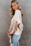 Apricot Sequin Patchwork Sleeve Open Back Waffle Knit Top