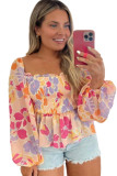 Pink Plus Size Floral Puff Sleeve Smocked Peplum Top