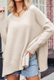 Plain V Neck Knitting Split Hem Sweater