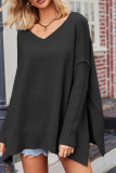 Plain V Neck Knitting Split Hem Sweater